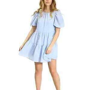 𝅺JR169 Kit & Sky Blue Juniors Puff-Sleeve Ruffle-Hem Babydoll Dress Size XL